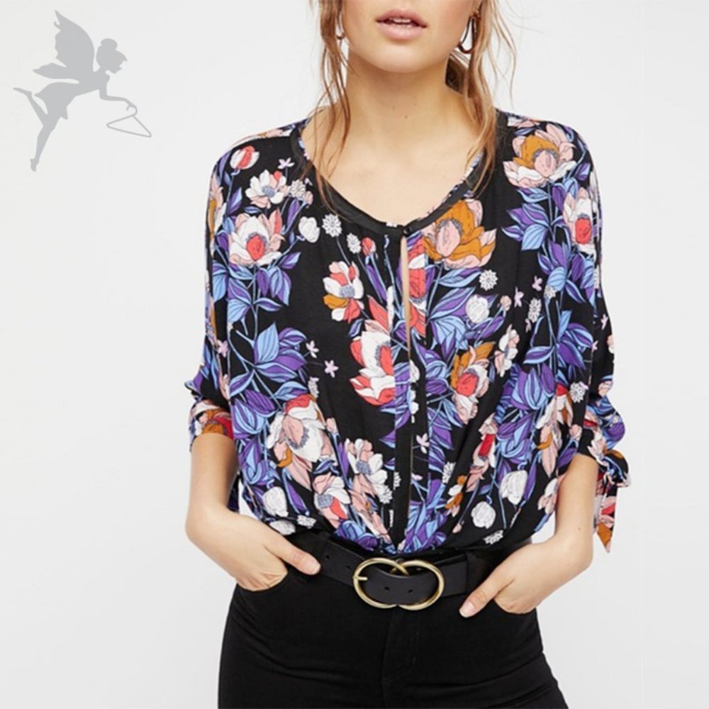 NWT FREE PEOPLE Keepin' On Dark Romantic Floral Batwing Sleeve Top